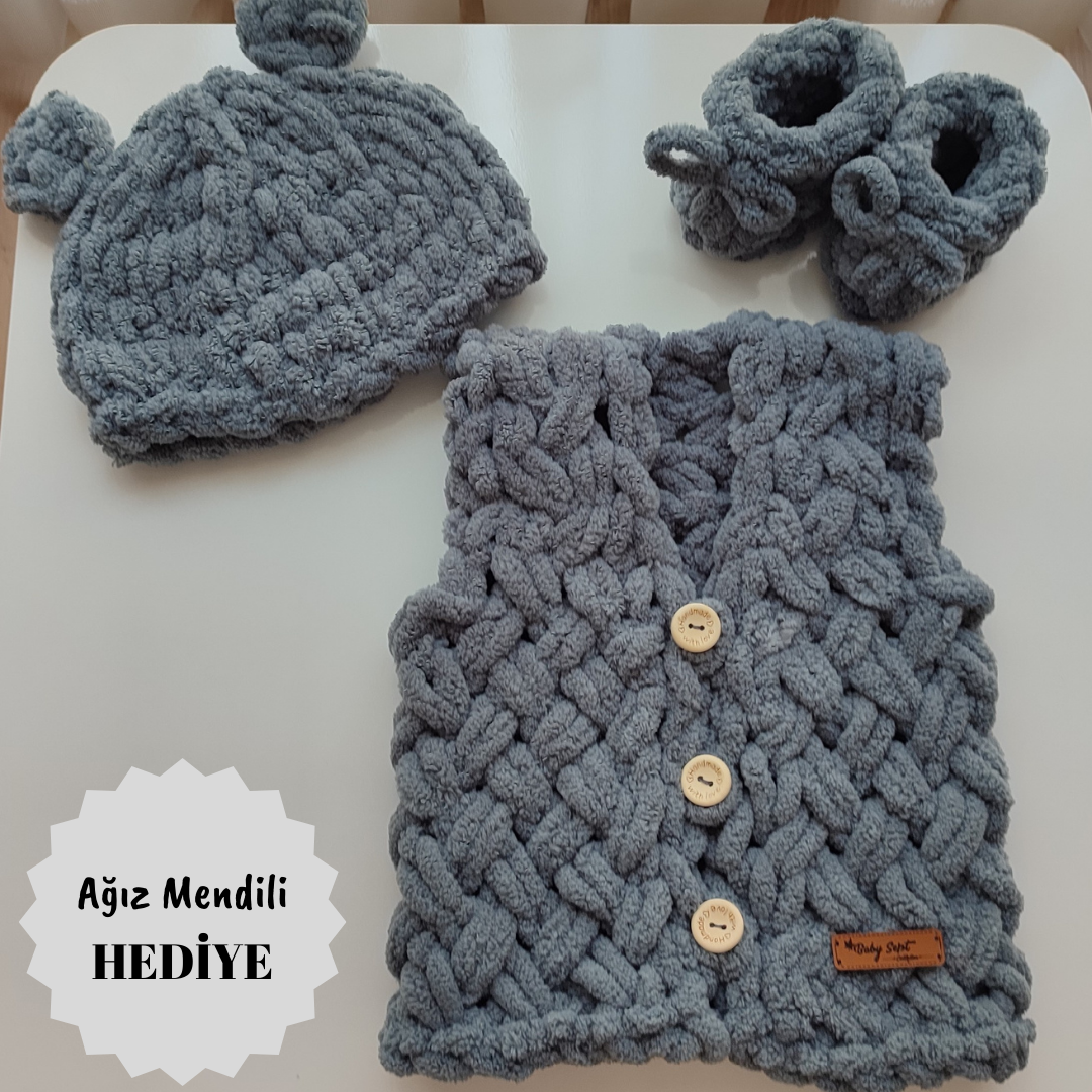 Puffy % 100 Pamuk Yelek - Patik - Bere Takımı Gri